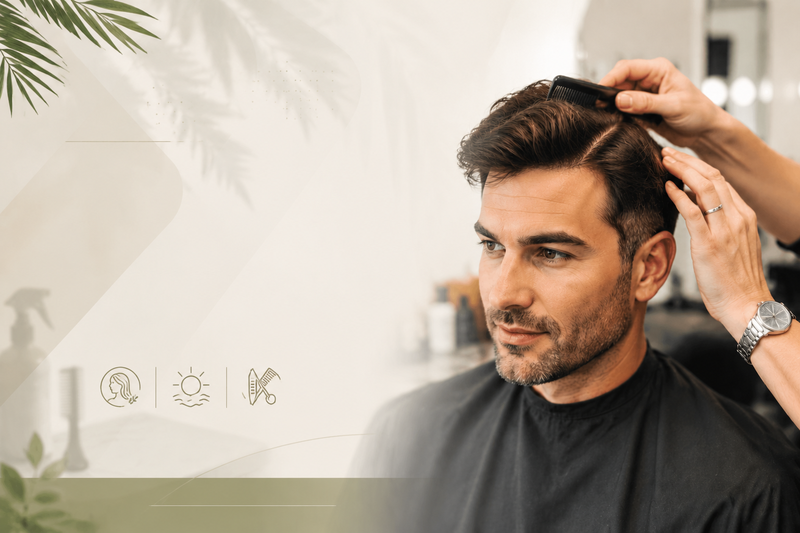 Professional hair system salon summer maintenance service for men, stylist combing and adjusting natural-looking hair system in a clean salon setting