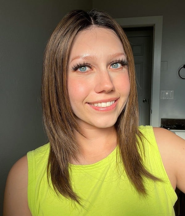 Emmie | Oval Layered Brunette Balayage Remy Human Hair Lace Wig | Dark Roots